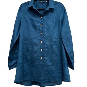 Soft Surroundings Dark Blue 100%‎ Linen Button Up Tunic Top Size S